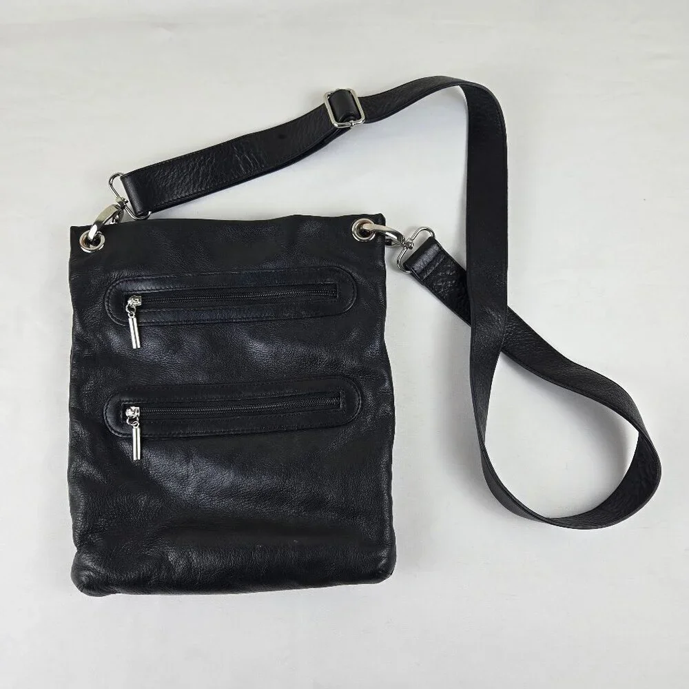 Margot Black Leather Crossbody Bag Top Zip Exterior Pockets Silver Hardware
